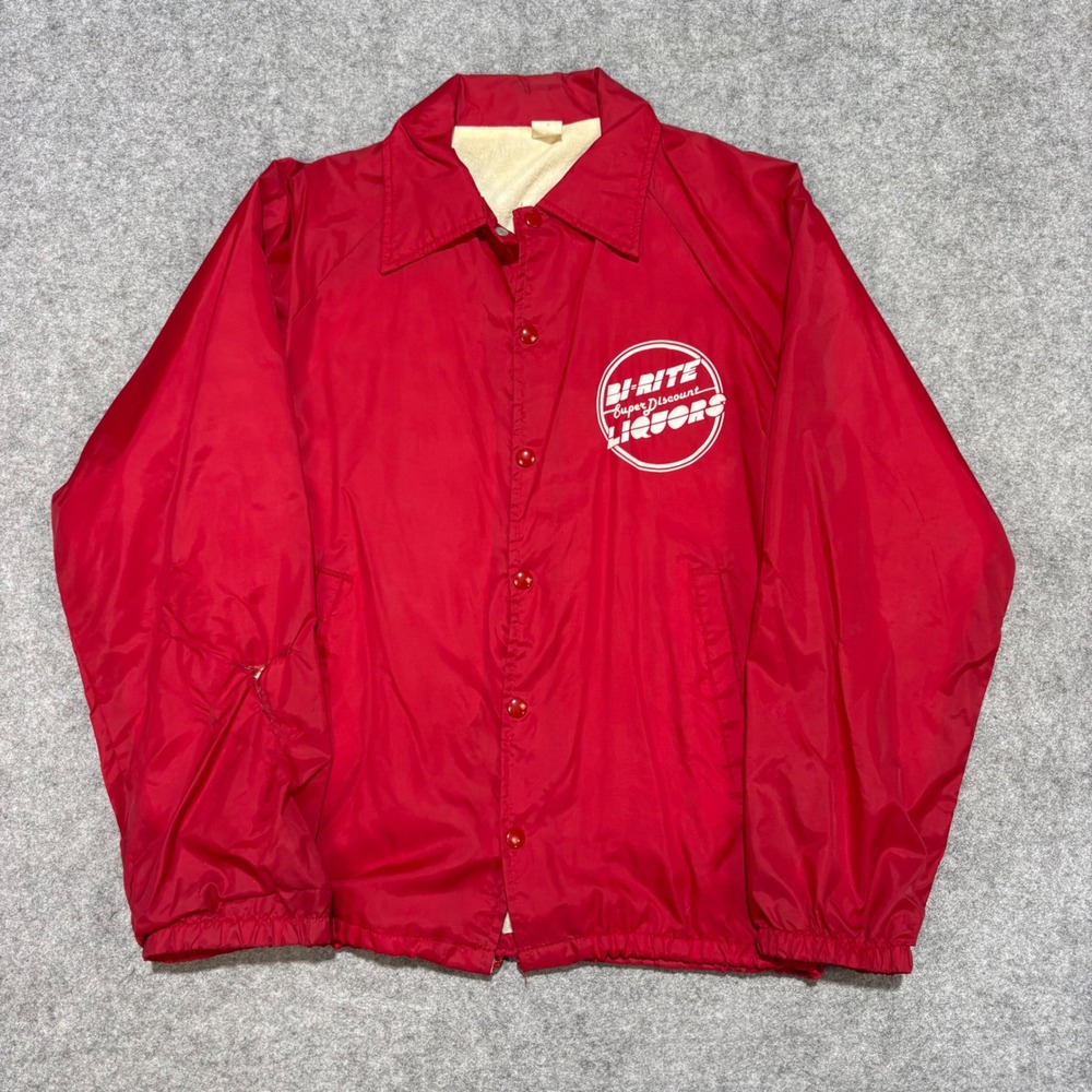 Vintage Bi-Rite Liquors Red Nylon Coaches Jacket Fleece Lined Windbreaker Mens M